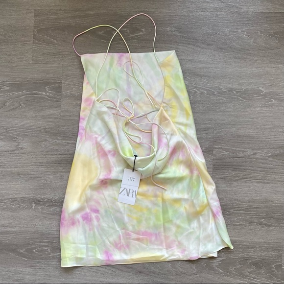 Zara Printed Satin Tie Dye Mini Dress Slip - Picture 11 of 16